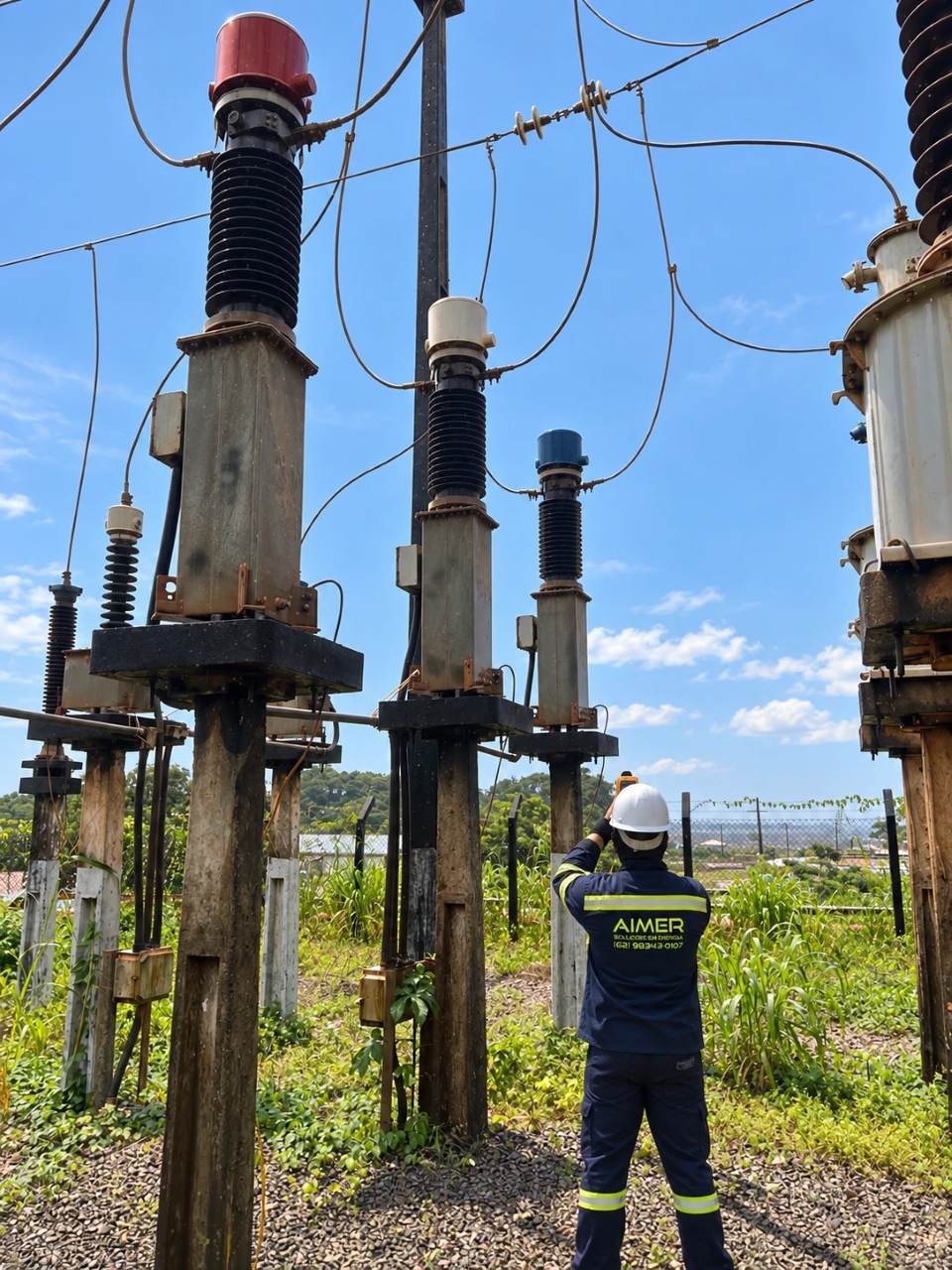 Técnico da Aimer apontando a câmera termográfica para os equipamentos de uma subestação de 69 kV em Godofredo Viana (MA)