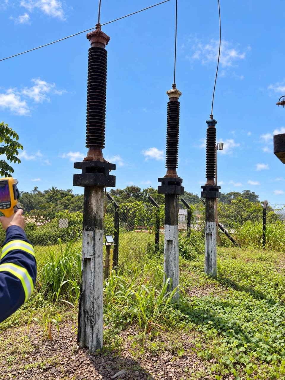 Câmera termográfica em uso na inspeção dos isoladores e buchas da subestação, com a instalação energizada